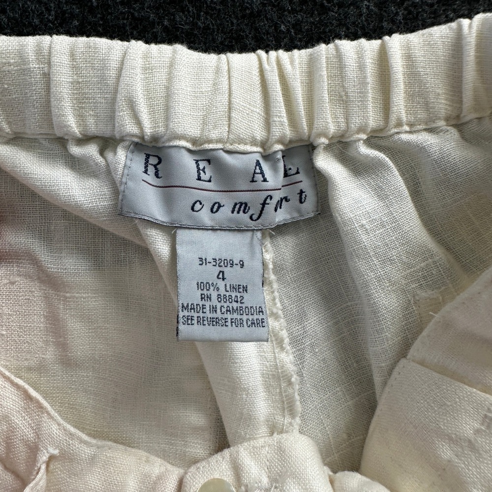 Real Comfort Womens Cream 100% Linen Wide Leg Button Fly Drawstring Pants Size 4 - Picture 4 of 9